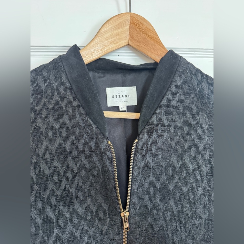 Sezane 34 Black Patterned Bomber Jacket Blazer - image 5